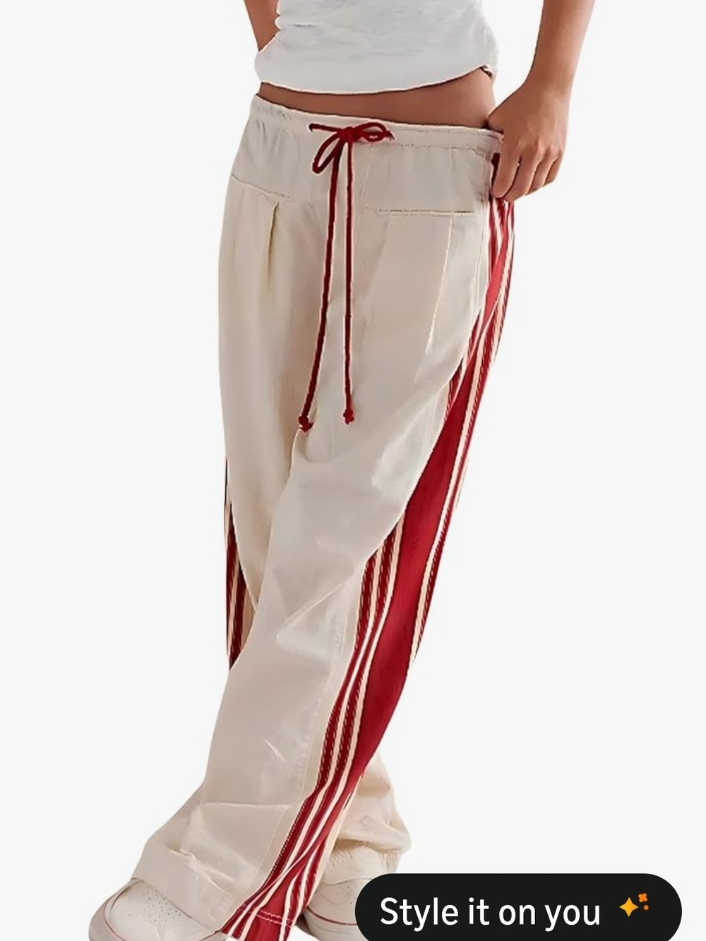 NWT Womens Beige and Burgundy Stripe Drawstring  Pants